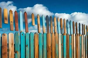 une en bois clôture avec coloré en bois piquets. généré par ai photo