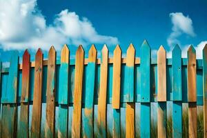 une coloré clôture avec bleu ciel et herbe. généré par ai photo