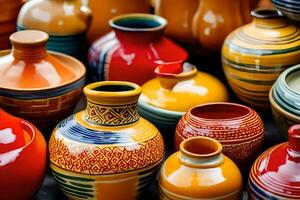 beaucoup coloré poterie des vases sont affiché sur une tableau. généré par ai photo