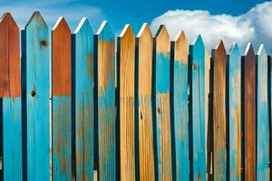 une en bois clôture avec bleu peindre sur il. généré par ai photo