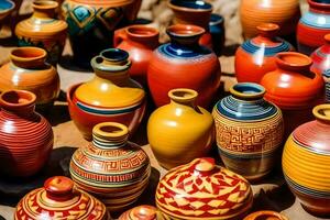 coloré poterie des vases pour vente à une marché. généré par ai photo