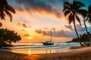 une bateau est assis sur le plage à le coucher du soleil. généré par ai photo