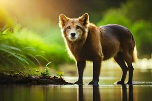 une marron chien permanent dans le l'eau. généré par ai photo