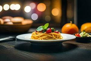 spaghetti avec tomate et basilic sur une plaque. généré par ai photo