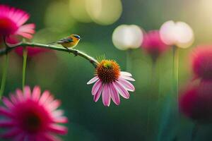 une oiseau est perché sur une rose fleur tige. généré par ai photo