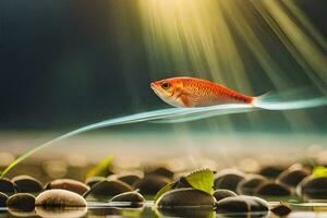 une poisson est nager dans le l'eau avec lumière du soleil brillant par le l'eau. généré par ai photo