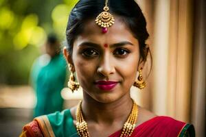 une magnifique Indien femme portant une sari et bijoux. généré par ai photo