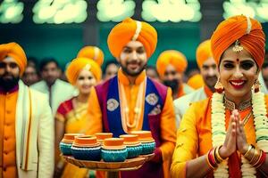 Indien mariage la cérémonie avec la mariée et jeune marié dans orange. généré par ai photo
