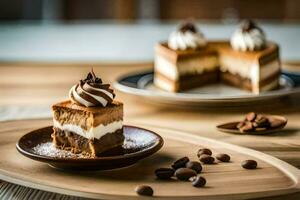 une pièce de gâteau sur une assiette avec café haricots. généré par ai photo