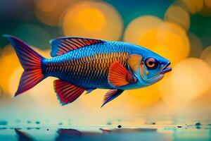 une poisson avec brillant couleurs est nager dans le l'eau. généré par ai photo