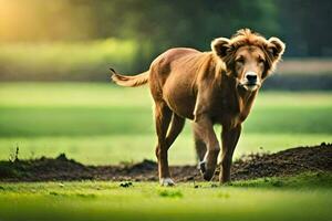 une Lion en marchant dans le herbe. généré par ai photo