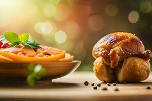 une assiette avec une poulet et une tomate. généré par ai photo