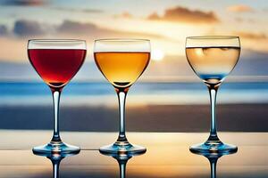 Trois des lunettes de du vin sur une table avec le Soleil paramètre. généré par ai photo