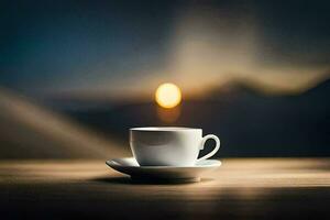 une tasse de café sur une table dans de face de une le coucher du soleil. généré par ai photo