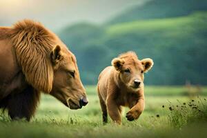 une Lion et une lionceau en marchant par une champ. généré par ai photo