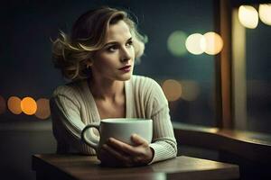 une femme est séance à une table avec une tasse de café. généré par ai photo