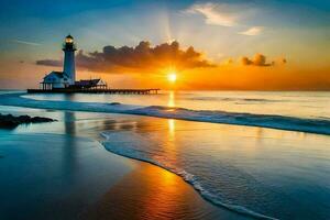 le Soleil monte plus de le phare sur le plage. généré par ai photo