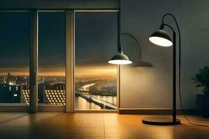 une lampe dans une pièce avec une ville voir. généré par ai photo