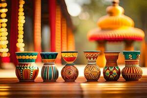 une rangée de coloré des vases sur une en bois tableau. généré par ai photo