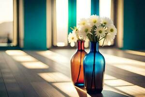 deux des vases avec fleurs séance sur une en bois sol. généré par ai photo