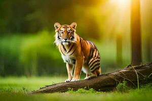 une tigre est permanent sur une Journal dans le herbe. généré par ai photo