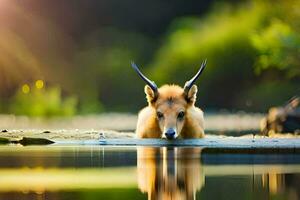 une cerf est permanent dans le l'eau avec ses tête bas. généré par ai photo