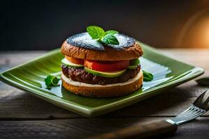 une Hamburger sur une assiette avec une fourchette et couteau. généré par ai photo