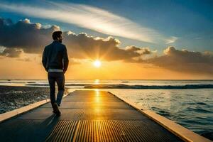 homme en marchant sur une jetée à le coucher du soleil. généré par ai photo