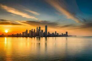 le Chicago horizon à le coucher du soleil. généré par ai photo