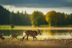 cerf dans le champ par le lac. généré par ai photo