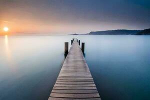 une longue exposition photographier de une Dock élongation en dehors dans le océan. généré par ai photo