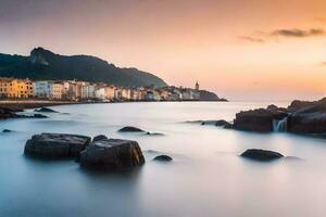 une longue exposition photographier de une ville à le coucher du soleil. généré par ai photo