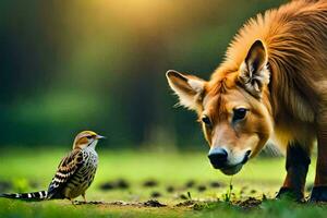 une oiseau et une chien permanent dans le herbe. généré par ai photo