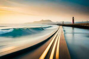 une longue exposition photographier de une phare sur le côte. généré par ai photo