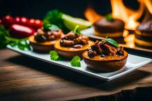 nourriture sur une assiette avec une Feu dans le Contexte. généré par ai photo