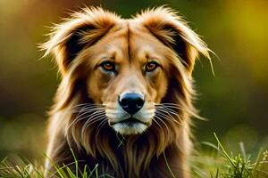 une chien avec longue cheveux séance dans le herbe. généré par ai photo