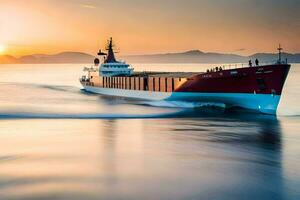 une grand cargaison navire en voyageant par le océan à le coucher du soleil. généré par ai photo