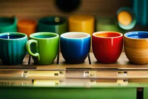 coloré café tasses doublé en haut sur une étagère. généré par ai photo