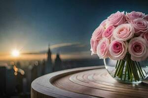 rose des roses dans une vase sur une table avec une ville dans le Contexte. généré par ai photo