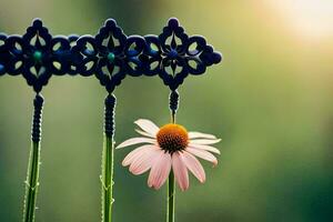 une fleur est pendaison de une clôture. généré par ai photo