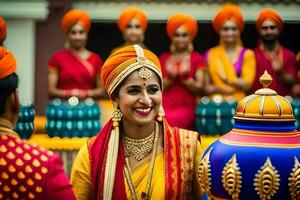 une femme dans traditionnel Indien tenue sourit tandis que permanent suivant à une grand vase. généré par ai photo