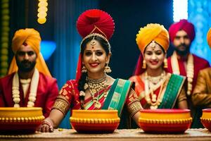 Indien mariage la cérémonie avec le la mariée et jeune marié. généré par ai photo