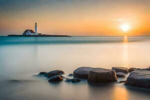 une phare est vu dans le distance à le coucher du soleil. généré par ai photo