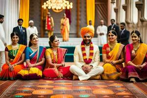 une groupe de Indien mariage invités dans coloré saris. généré par ai photo