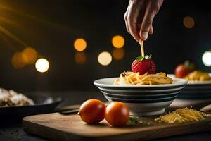 une la personne est en portant une fraise sur Haut de une bol de Pâtes. généré par ai photo