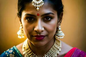 une femme portant bijoux et une rouge sari. généré par ai photo