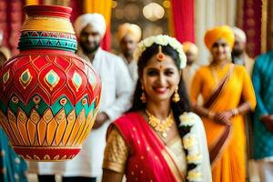 une femme dans une traditionnel Indien robe en portant une pot. généré par ai photo