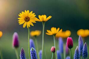 Jaune fleurs et violet fleurs dans le Soleil. généré par ai photo