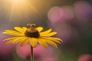 une Jaune fleur avec une abeille sur il dans de face de une floue Contexte. généré par ai photo