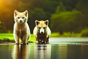 deux chiens en marchant le long de une chemin dans le herbe. généré par ai photo